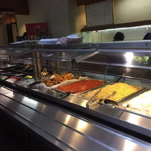 Fried chicken, spaghetti meatballs, turkey and gravy