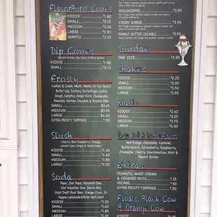a menu for ice cream