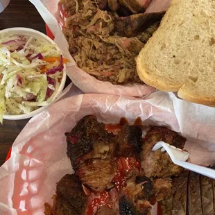 Brisket, burnt ends, pulled pork, coleslaw.