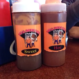 Two of the sauce choices, hot and sweet