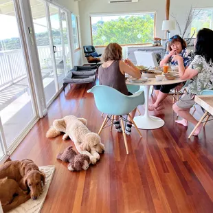 The dogs are usually in another room, but you can request doggy time!