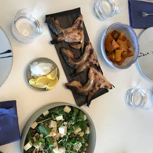 Yellowfin tuna collar, miso soup, kombucha, and tofu salad