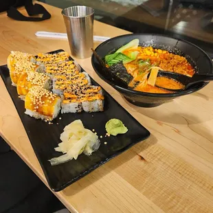 Spicy tonkotsu ramen, smoky sake roll, kakiage roll