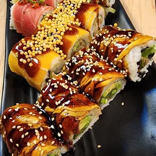 HOT FLAMINGO ROLL (GLUTEN FREE)  OHNAGI ROLL  SMOKY SAKE ROLL