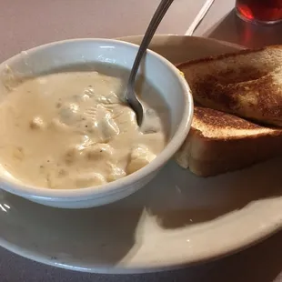 Potato soup with grilled ham and cheese without the ham.