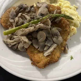 Pork Loin Schnitzel with mushrooms &amp; asparagus &amp; mashed potatoes!!!