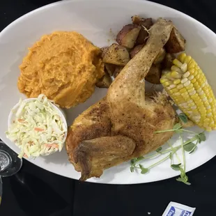 Chicken,sweet potato, corn , coleslaw &amp; red skin potatoes!!! Part of clambake that came with dozen of mussels &amp; dozen of clams!!!