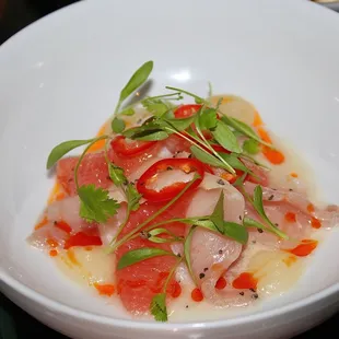 The Hamachi Crudo was made with shiro dashi, grapefruit &amp; calabrian chili. We had three orders it was so good!