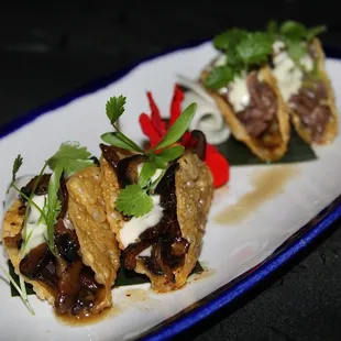 The Taco Duo was made with skirt steak, wasabi, yuzu, jalapeno &amp; mushroom, truffle butter and honey.