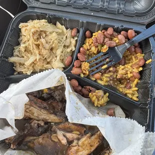 Jerk chicken, rice and cabbage