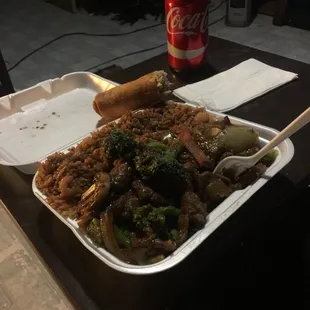 Delicious beef an broccoli,  with shrimp  fried rice