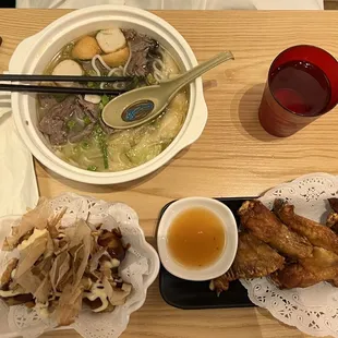 Beef Rice Noodle, Takoyaki, and Crispy Chicken Wing