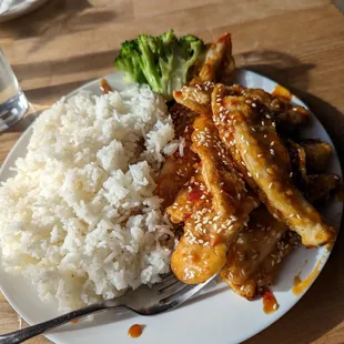 a plate of food with rice and broccoli