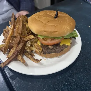 Cheeseburger and fresh cut fries.