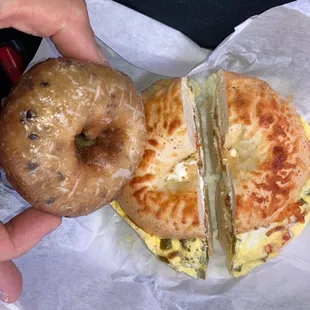 Southwestern on cheese bagel, blueberry cake donut