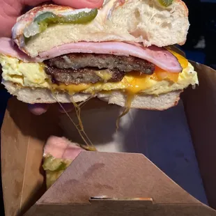 Real fast bagel- ham, sausage, egg, cheese
