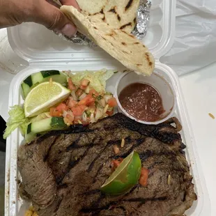 Carne Asada with rice, black beans, salad &amp; tortillas