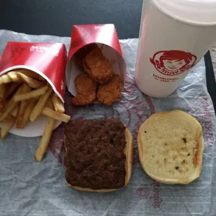 4 for $4 special: small.french fries, 4 nuggets,  cheeseburger and soda.