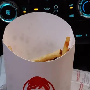 This is the large fry I ordered. Both were less than 1/2 full. The fries in the $5 meal I got for my grandson had more fries in it.