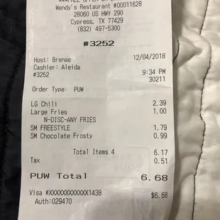 the receipt for the restaurant