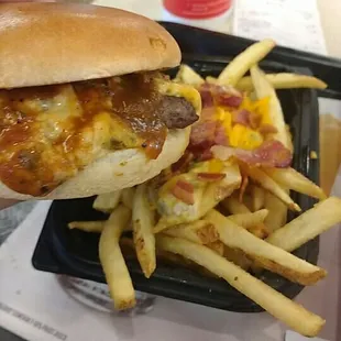 Bacon queso burger and bq fries