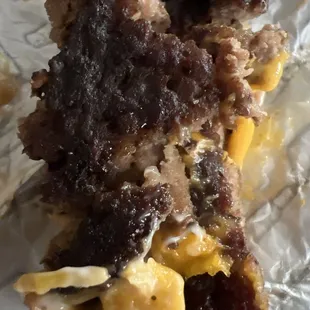 Charred patties.