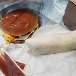 Breakfast baconator. Sausage egg cheese burrito.