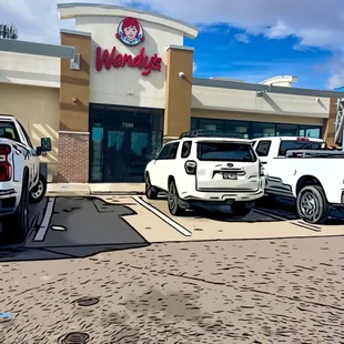 two pickup trucks parked in front of a restaurant