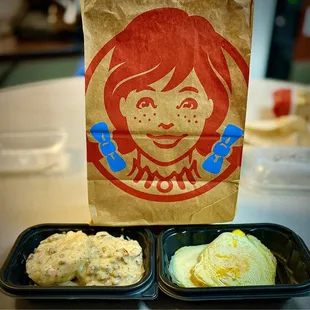 Left: Sausage Gravy &amp; Biscuit w/coupon for $2. Surprisingly good. W/eggs, total was $3.69. Worth it!!