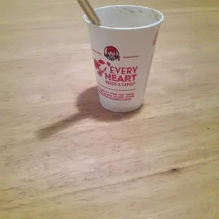 After 15 minutes of waiting I was handed this. I asked, "this is the 50¢ frosty?" and he said  "yes" in front of manager#Cedar/Herndon