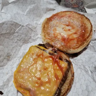 a cheeseburger and an english muffin
