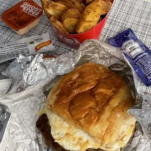 Sausage croissant / Small seasoned potatoes. That ghost pepper ranch is too addicting!