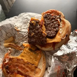 Son of baconator with 1 patty broken in half &amp; stacked to seem like a double.  RIP OFF!!!