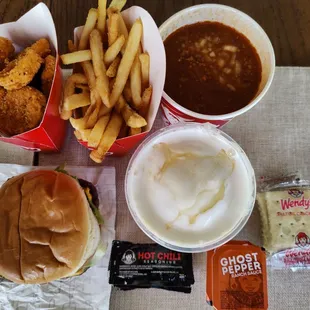 Wendy's Krabby Patty Burger, Pineapple Frosty, Large Chili, Spicy Nuggets