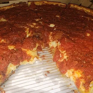 Absolutely delicious stuffed sausage Chicago Pizza.