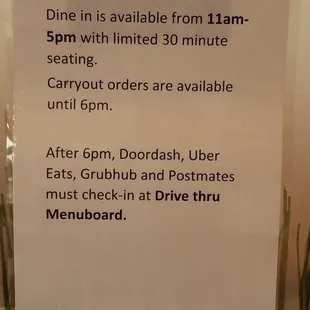 Message that greets customers when you enter the dining area