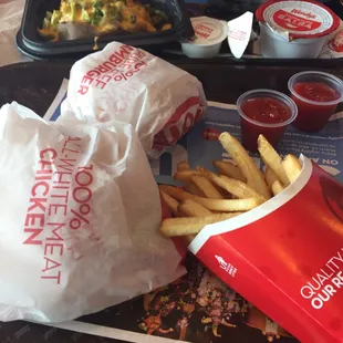 Jr bacon cheese burger, chicken sandwich with fries