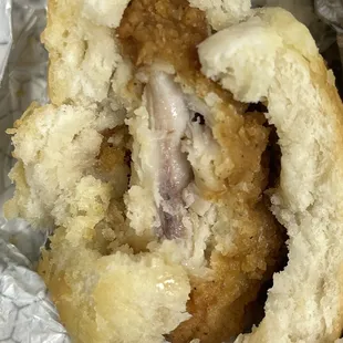 the inside of a chicken sandwich