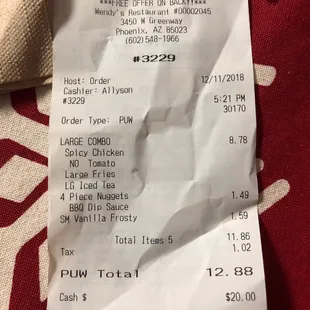 a receipt for a restaurant