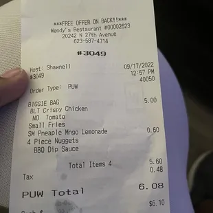 a receipt for a restaurant