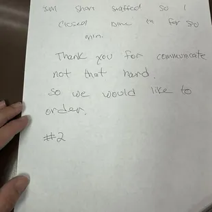 Back of paper of her responding to me about short staffed. I got that in written only reason this location closed dining room while business