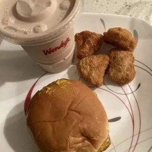 Jr. Cheeseburger, 4 PC. Spicy Chicken Nuggets, &amp; small Classic Chocolate Frosty