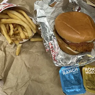 Spicy chicken sandwich and fries