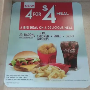 Cool deal. 4 for $4. It&apos;s best if you dine in. Free refills on dozens of drinks.