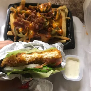 Lettuce wrap Spicy Chicken Sandwich and Bacon Jalapeo Cheese Fries
