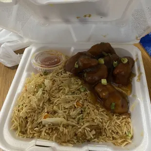 Fried rice with orange chicken