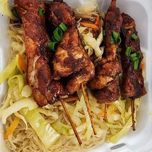 Veggie pancit and chicken skewers