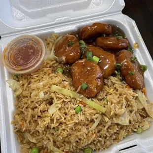 Orange chicken with fried rice platter