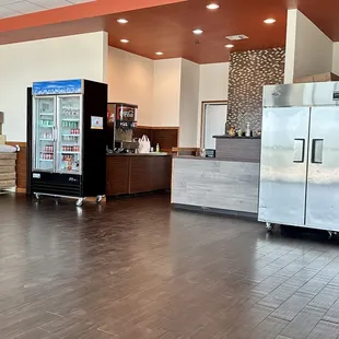 a view of the kitchen and dining area