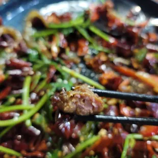 The cumin lamb meat chunks had holes in the middle indicating the meat was cooked on skwer before and was repurposed. Not good.